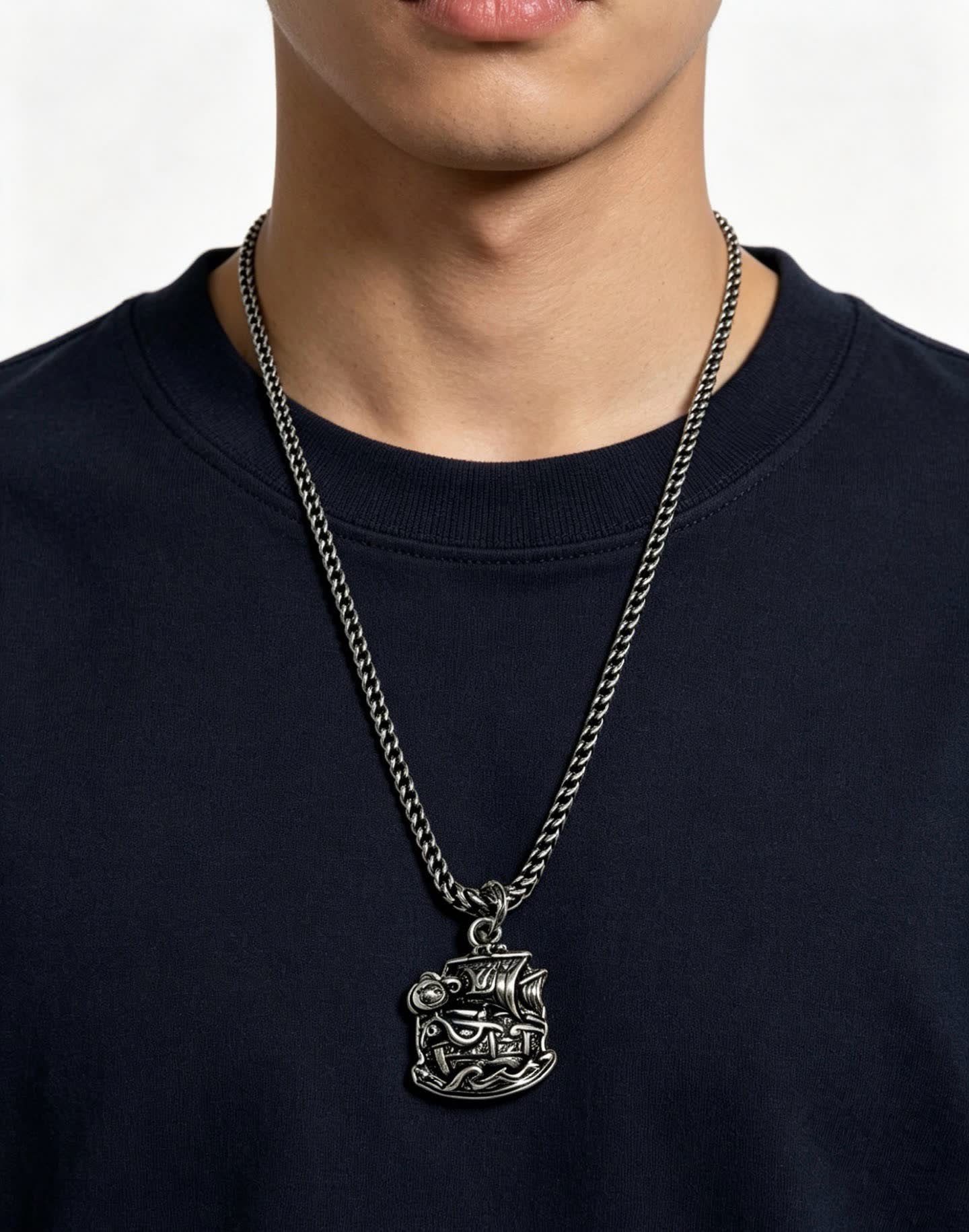 Louis Vuitton Silver Chain Necklace with Ship Pendant